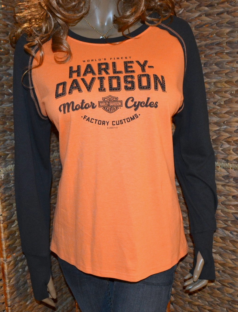 NWT Harley-Davidson XL Orange/Black Raglan L/S Thumbholes Tee Shirt Top **Read**