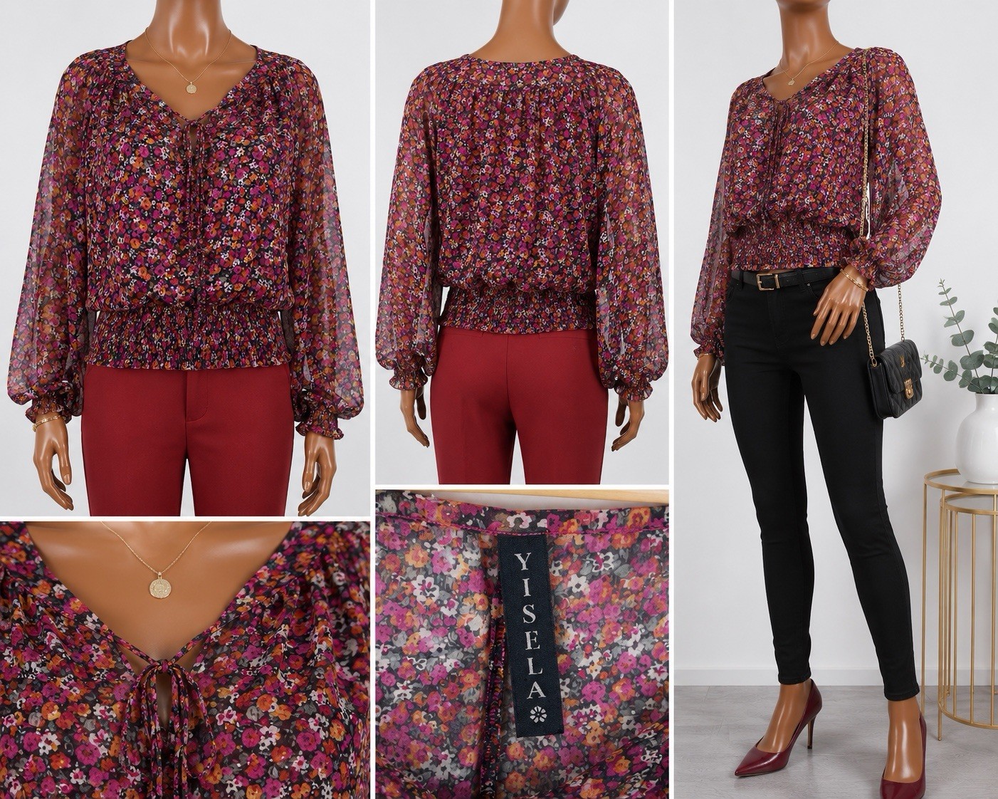 Yisela Womens Small Floral Boho Pleasant Blouse Sheer Smocked Cottagecore top