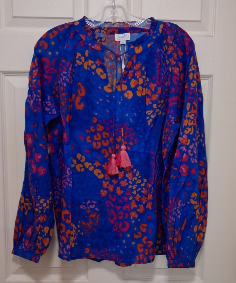NWT Mud Pie Jovie Flounce Top Blue Leopard Floral Tassel Peasant Blouse Medium