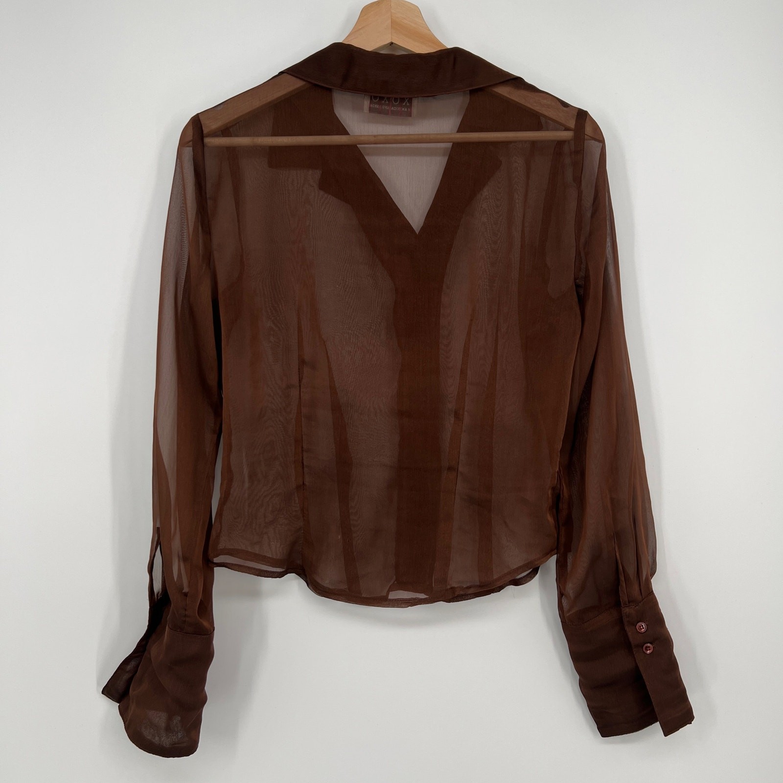 Vtg Y2K XOXO Sheer Button Blouse Top Womens Medium Chocolate Brown Cropped READ