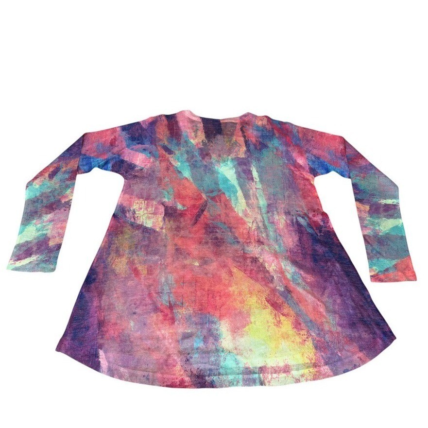 Womens Abstract Multi Color Brushstroke V-Neck Long Sleeve Tunic Top Art to Wear