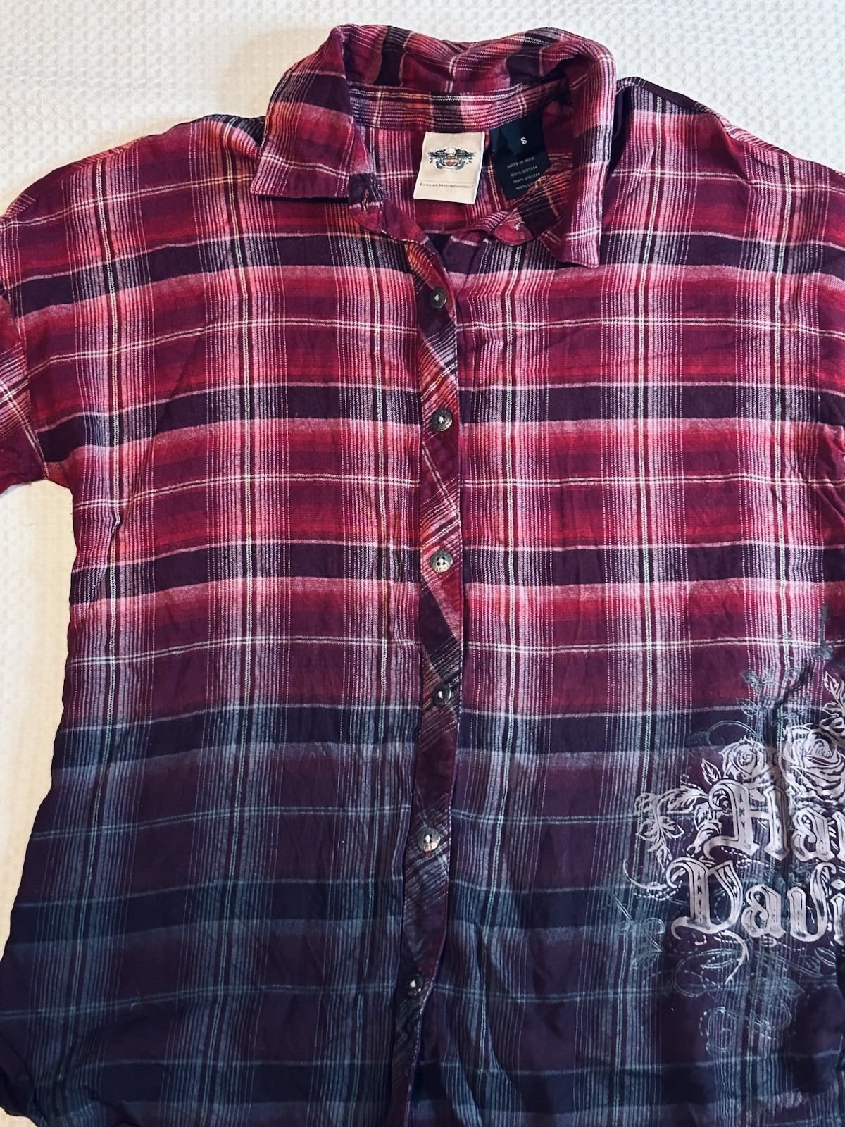 Harley Davidson Ombré Women’s Small Plaid Long Sleeve Shirt Magenta Purple Wine