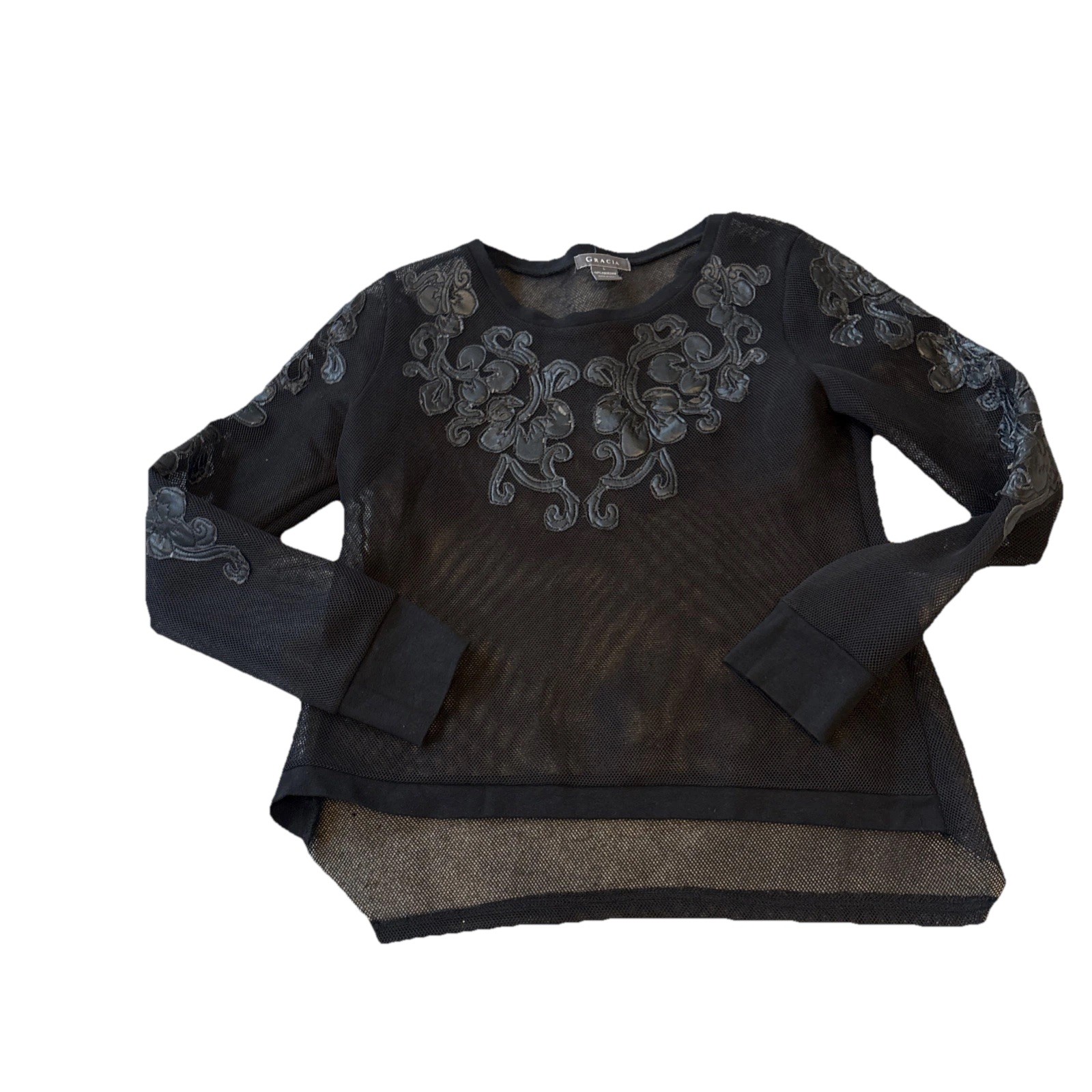 GRACIA Women’s Sexy Black Faux Leather Mermaid Scales MESH Blouse Size L