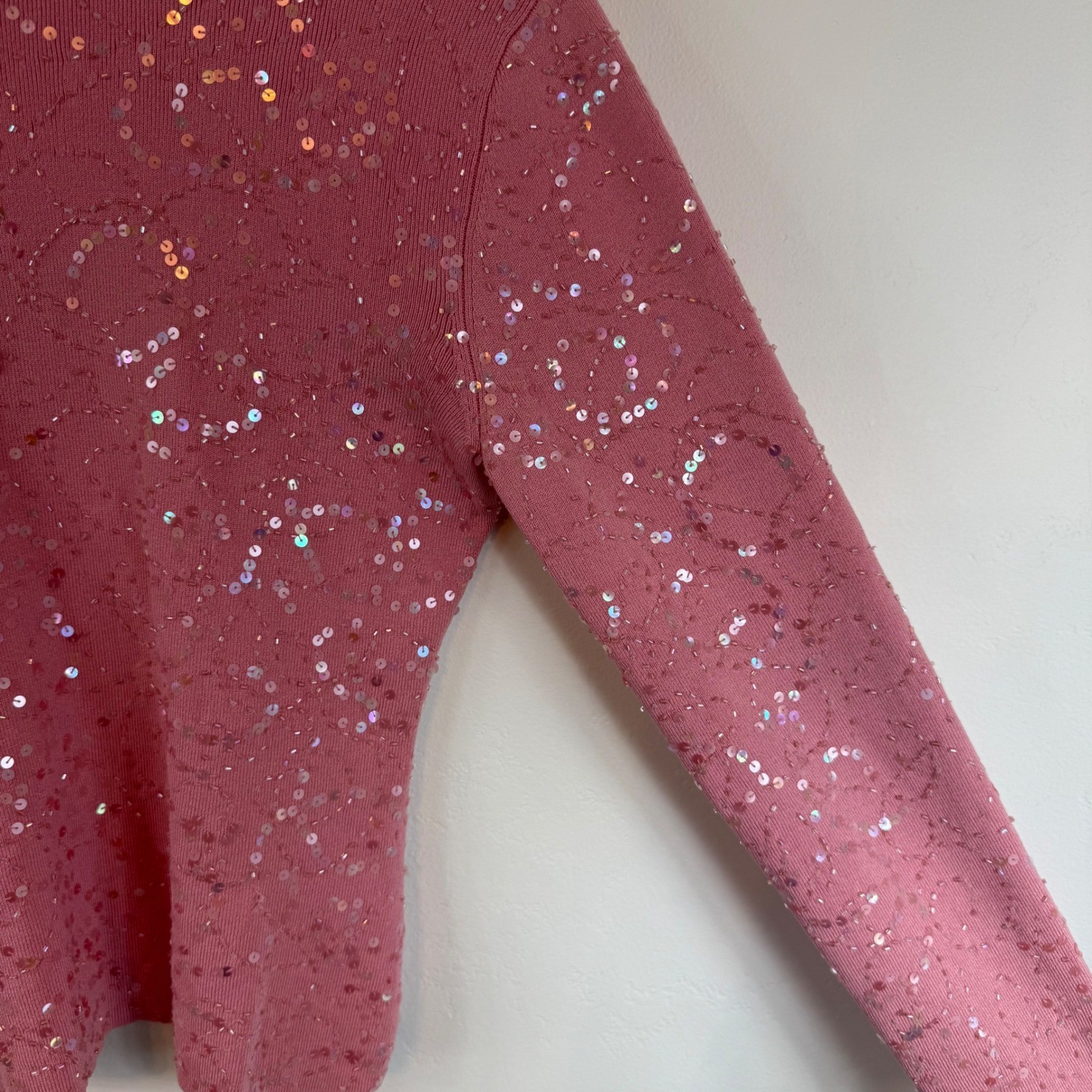Vintage Classiques Entier Sequin Silk Sequin Beaded Top Pink Mock Neck Y2K M