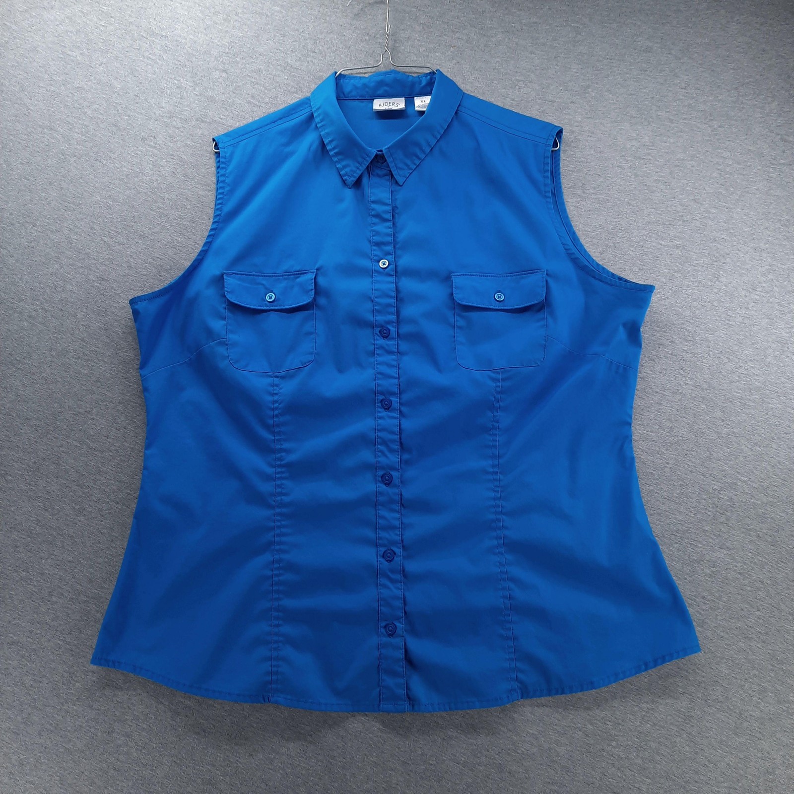 Riders By Lee Shirt Womens XL Blue Solid Sleeveless Button Front Easy Care
