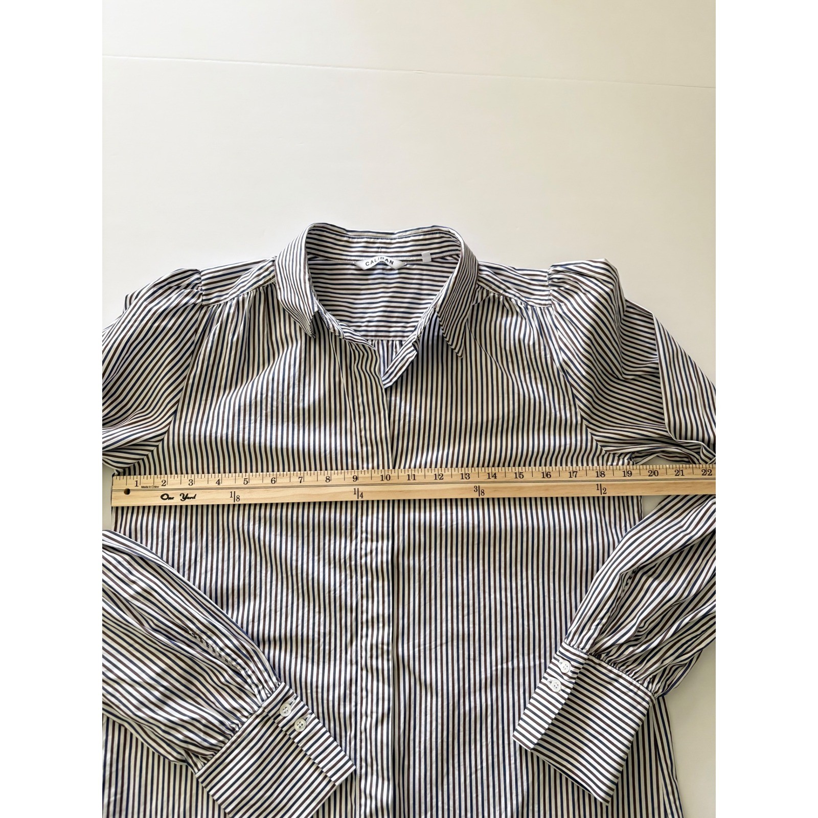 Caliban Italy Striped Button Down Shirt Navy Brown White Gathered Shoulder 46