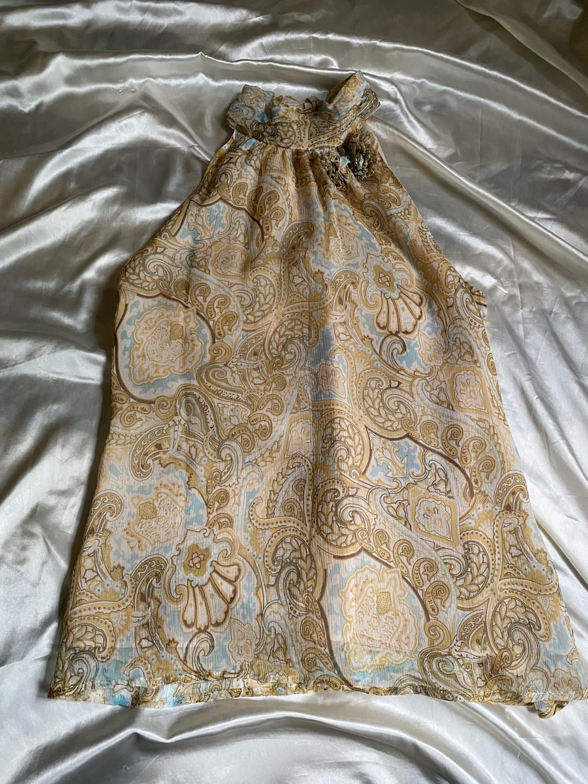 Vintage y2k 100% Silk Cream Paisley Rosette Halter Top Boho Large