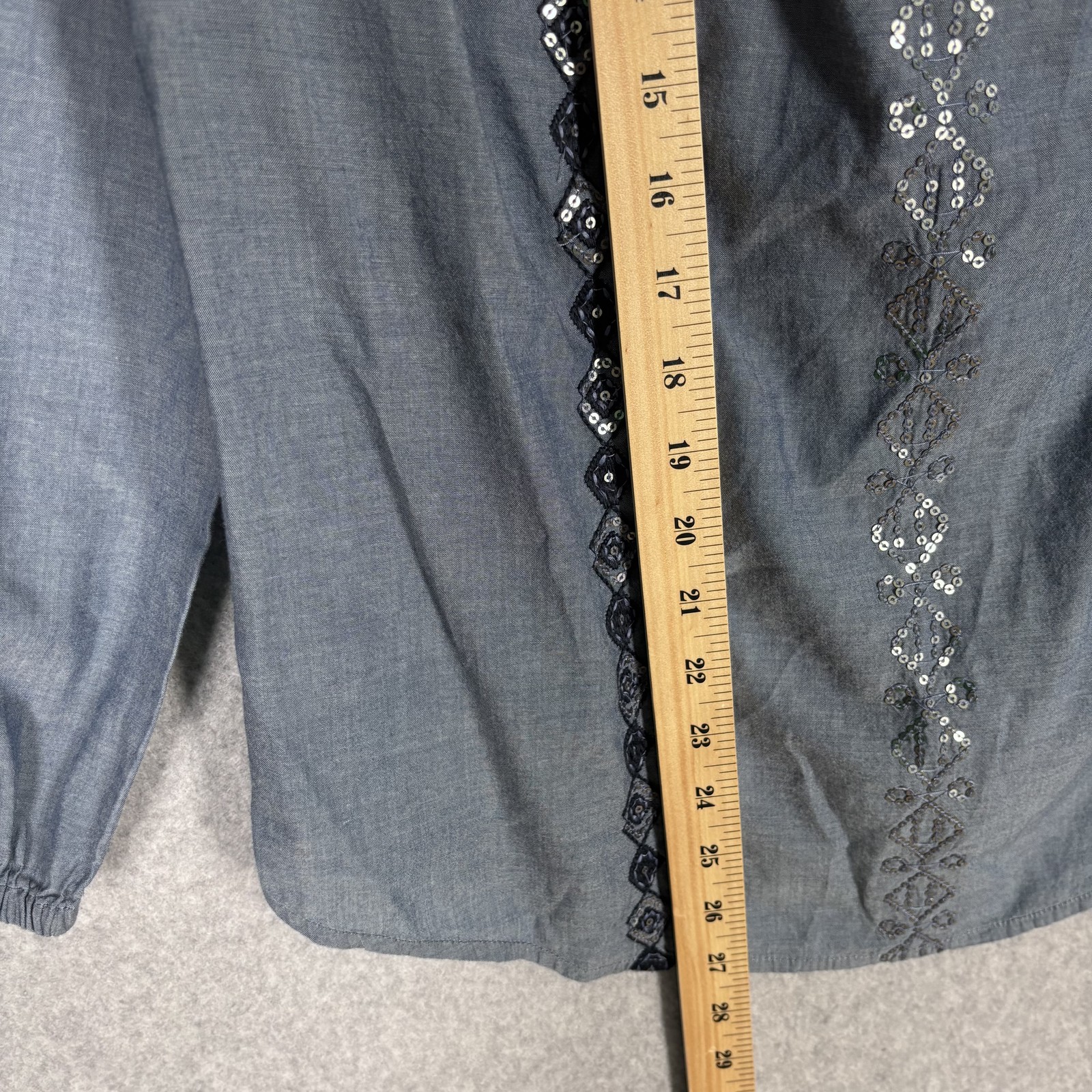 Chicos Peasant Top Small Embroidered Sequin Chambray Cotton Boho Cottage Sparkle
