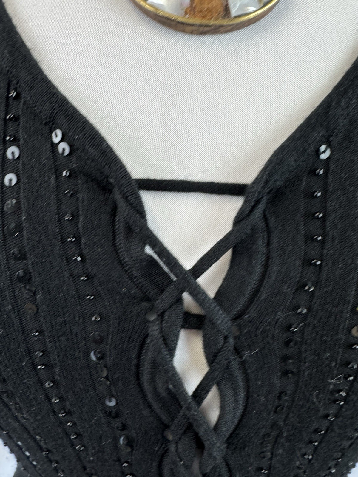 Black Beaded Knit Sequin Lace Up Tank Top Y2K Glam Rock Edgy Party Festival S