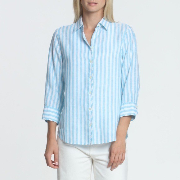 NWT Hinson Wu “Iris” Striped Linen Button Down Shirt in Aqua and White Sz 16