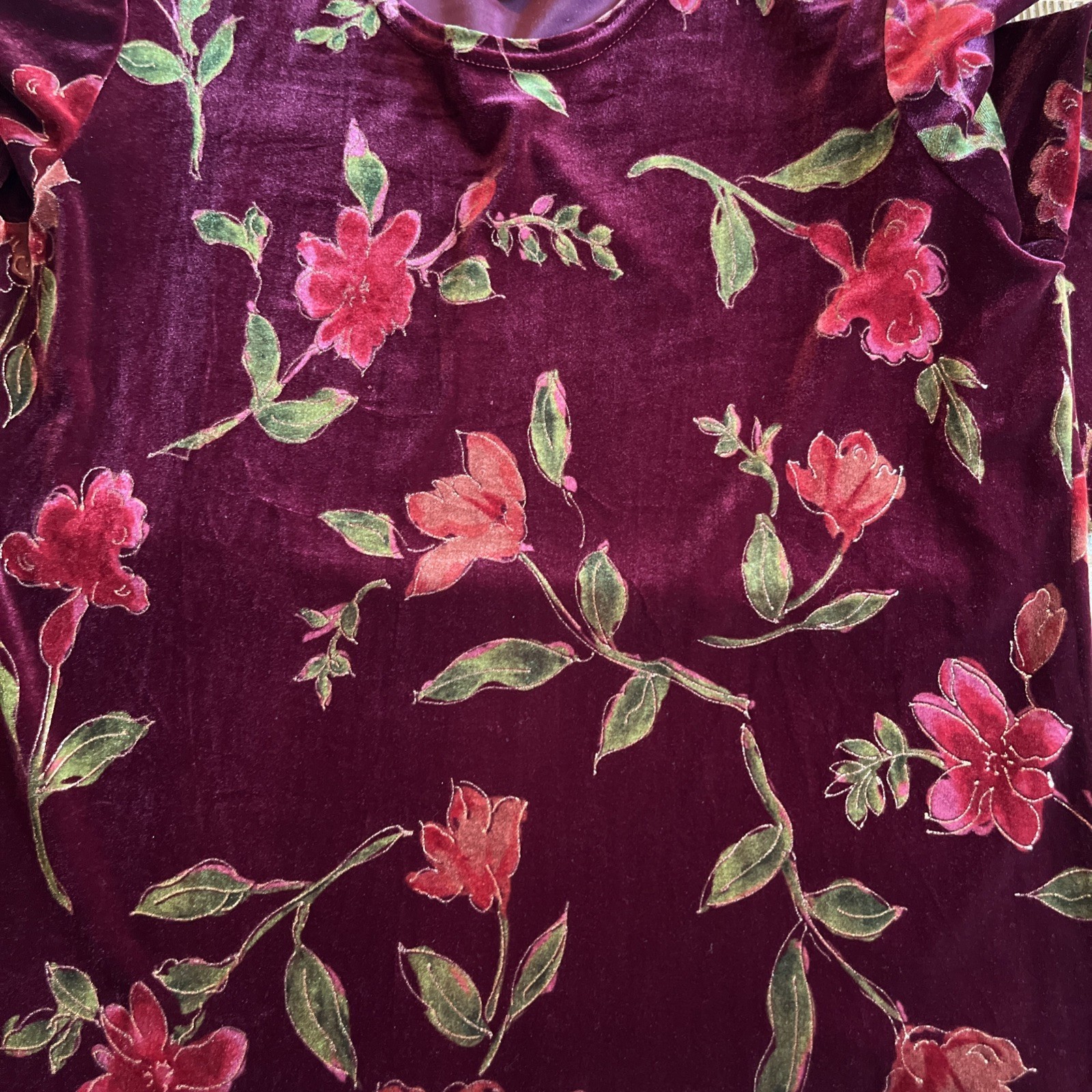 Notations Top Women’s Size L Floral Burgundy Velvet Burnout Long Sleeve Blouse
