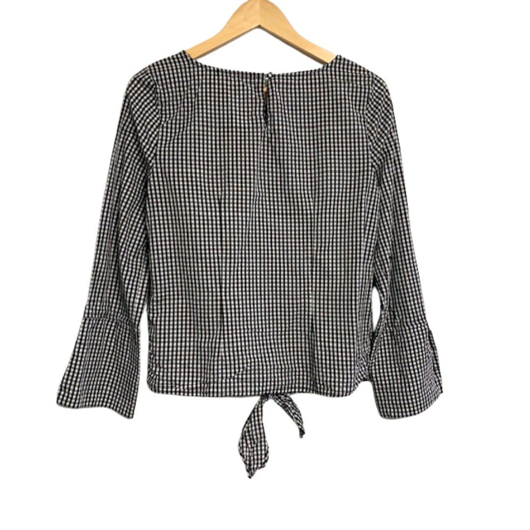 MAX JEANS Black White Gingham Front Tie Long Sleeve Cotton Womens Top | S