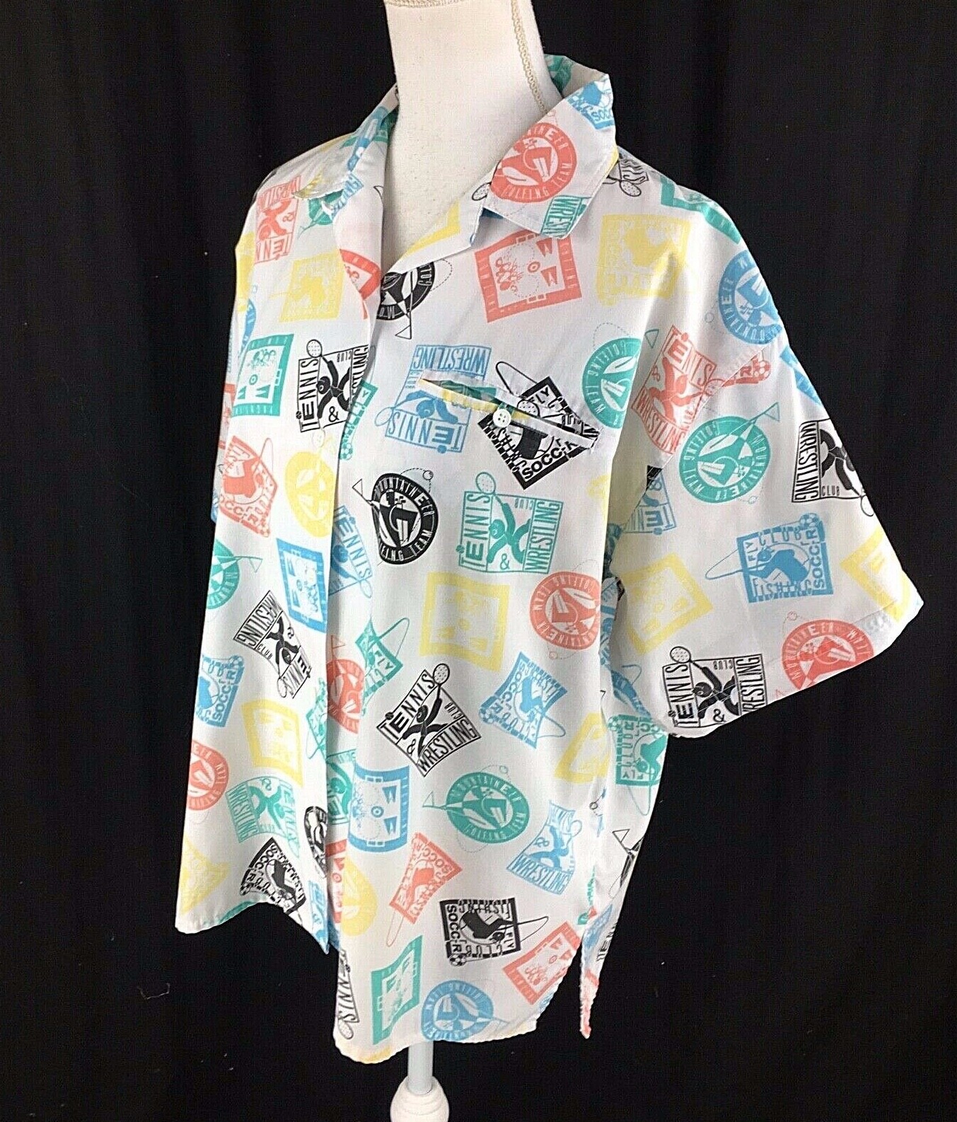 Vtg 80s All Over Print Bowling Tennis Soccer Wresting Blouse 20W White Rare