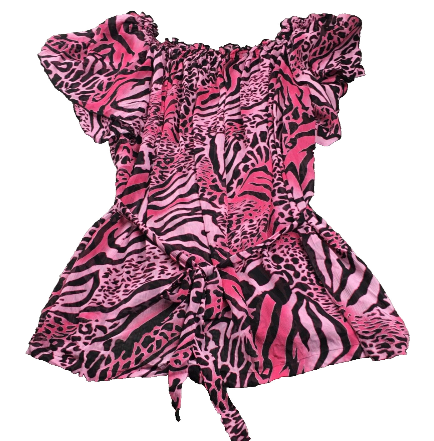 Marc Bouwer Womens Top Sz L Pink Animal Round Gathered NeckTie-Front NWT