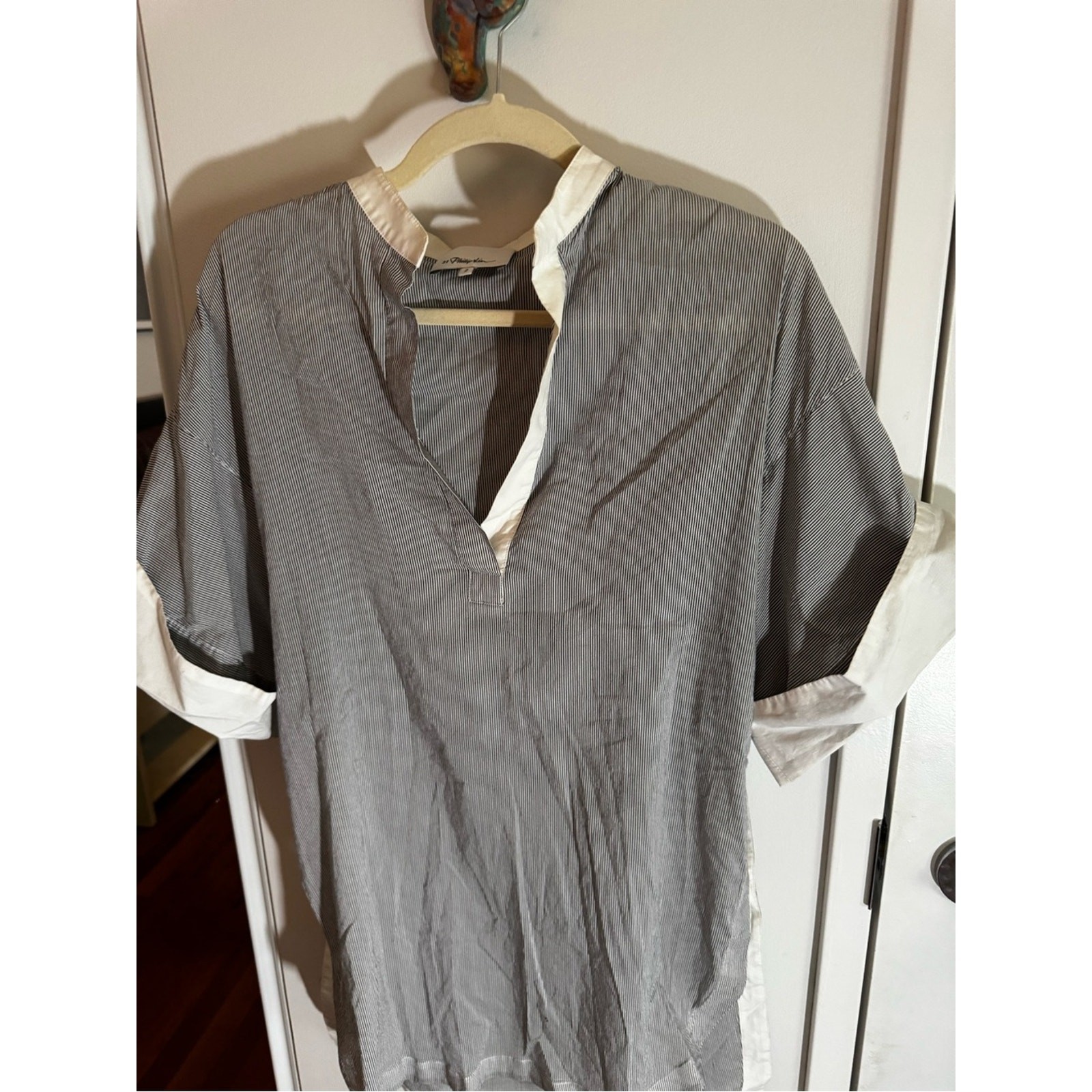 3.1 Phillip Lim Blue Gray Pinstripe Tunic with White Trim