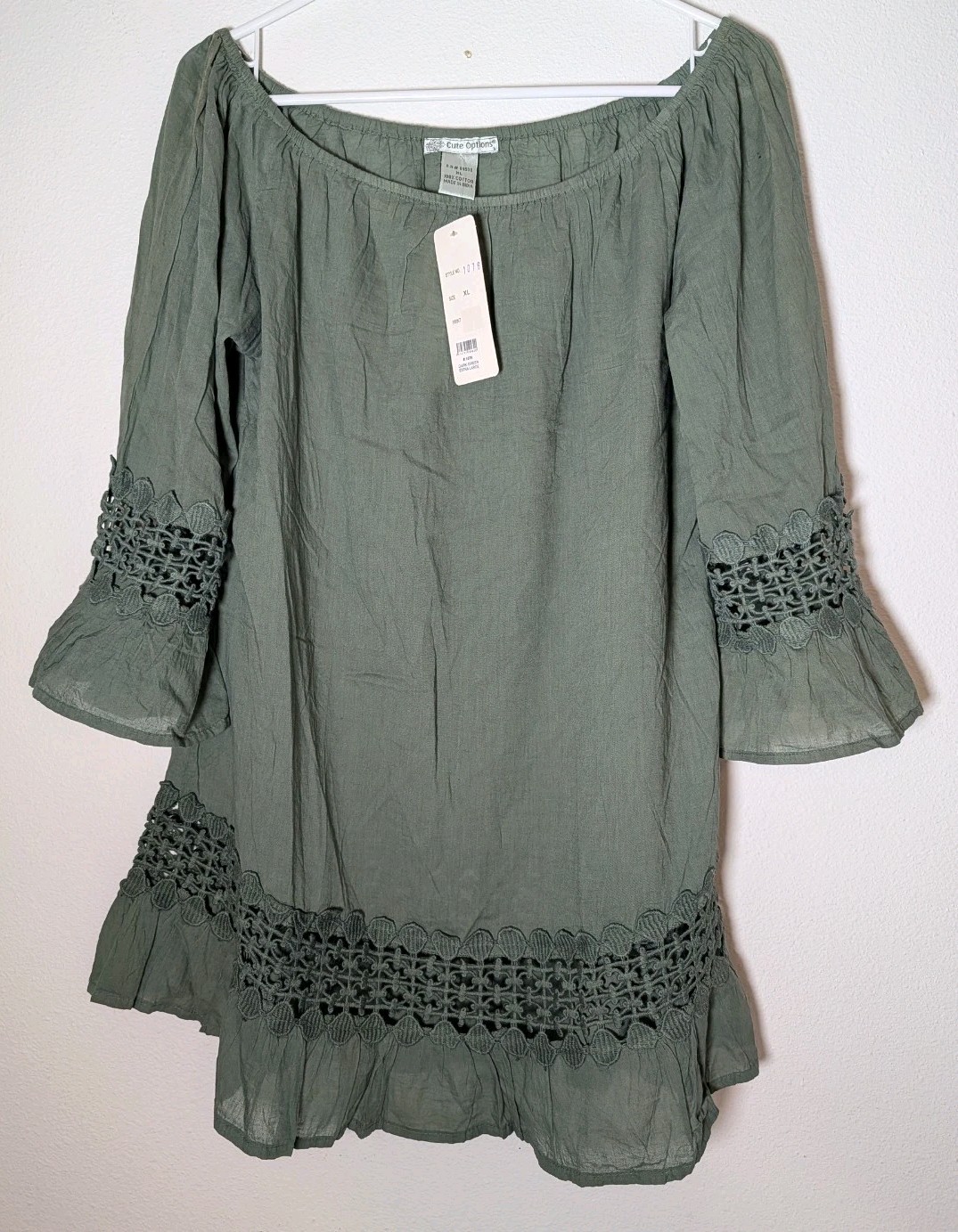 New Women’s Cute Options Top Dress Green 3/4 Sleeve Round Neck Ruffle Trim XL