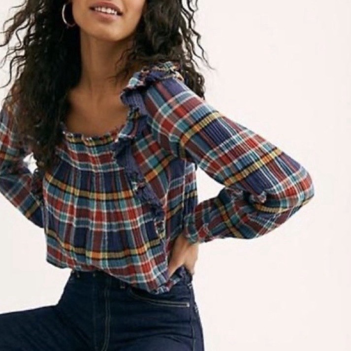 We the FREE PEOPLE New Siena Plaid Pullover TOP Small Babydoll Teal Country $118