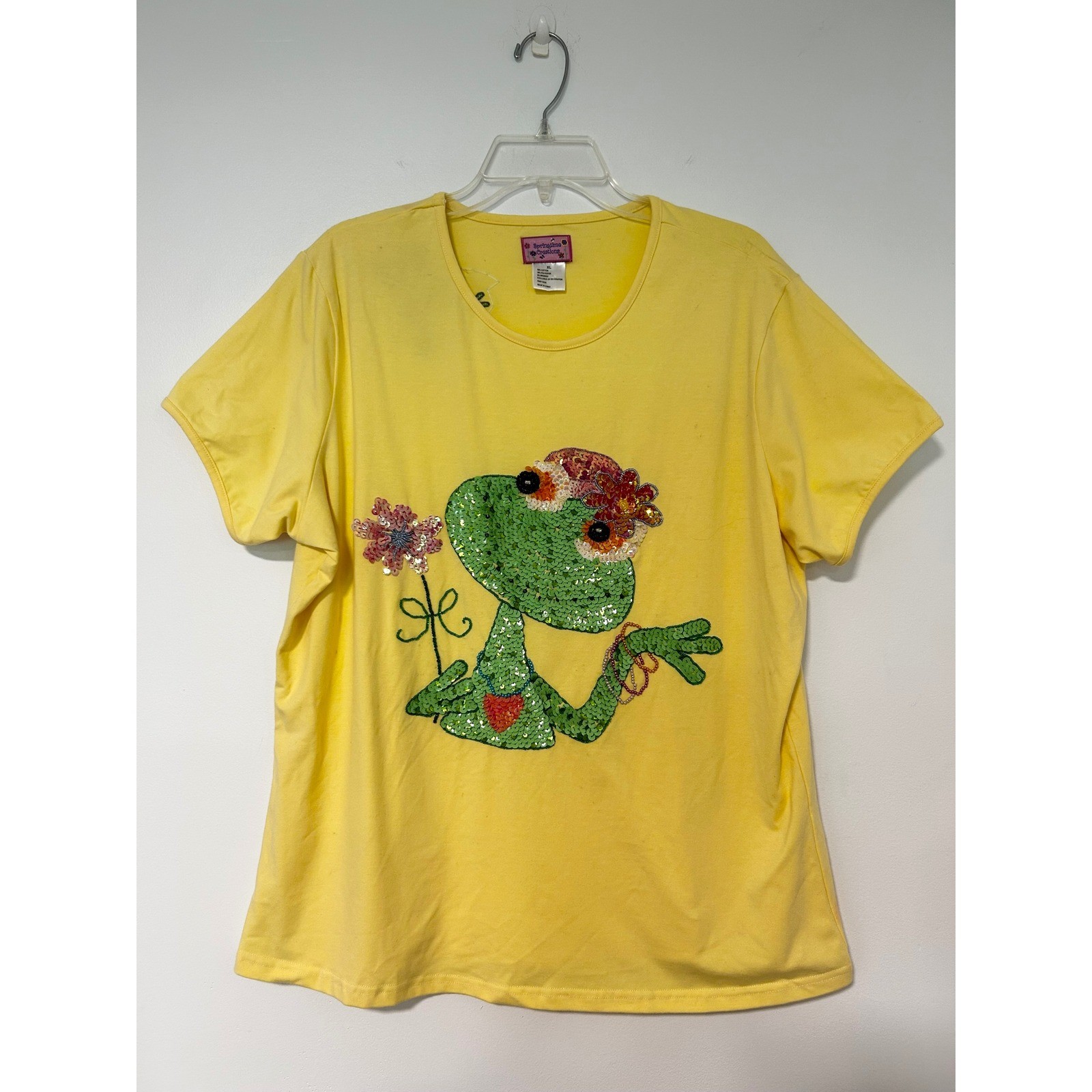 Y2K Springtime Creations Yellow Sequin Frog Graphic Tee XL Cute Whimsical