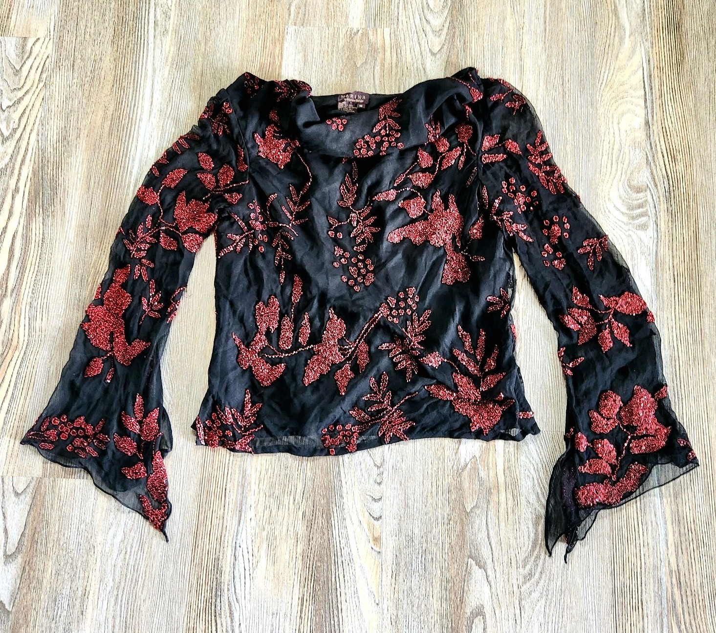 Marina Bresler Silk Beaded Drape Neck Bell Sleeve Top M Black Red Goth Boho Y2K