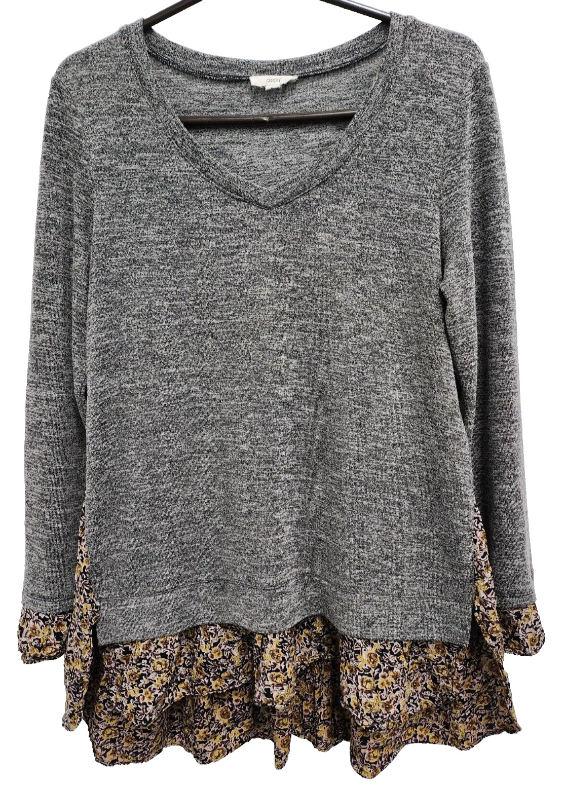 Oddy BOHO Tunic Top Womens Medium Gray Floral Contrast Long Sleeve Casual