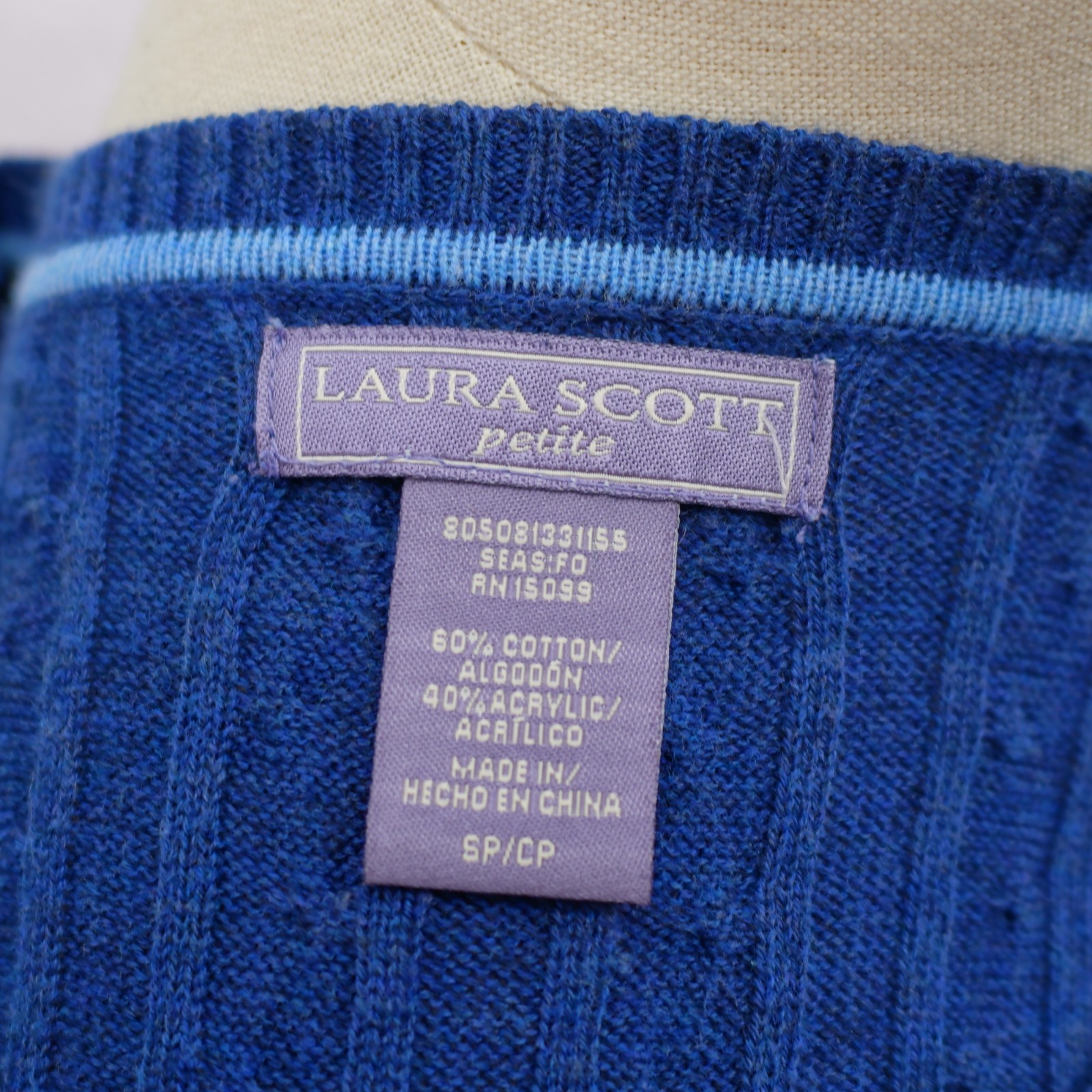 Laura Scott Blue Petite Small Ribbed Cotton Acrylic Knit V-Neck Sweater