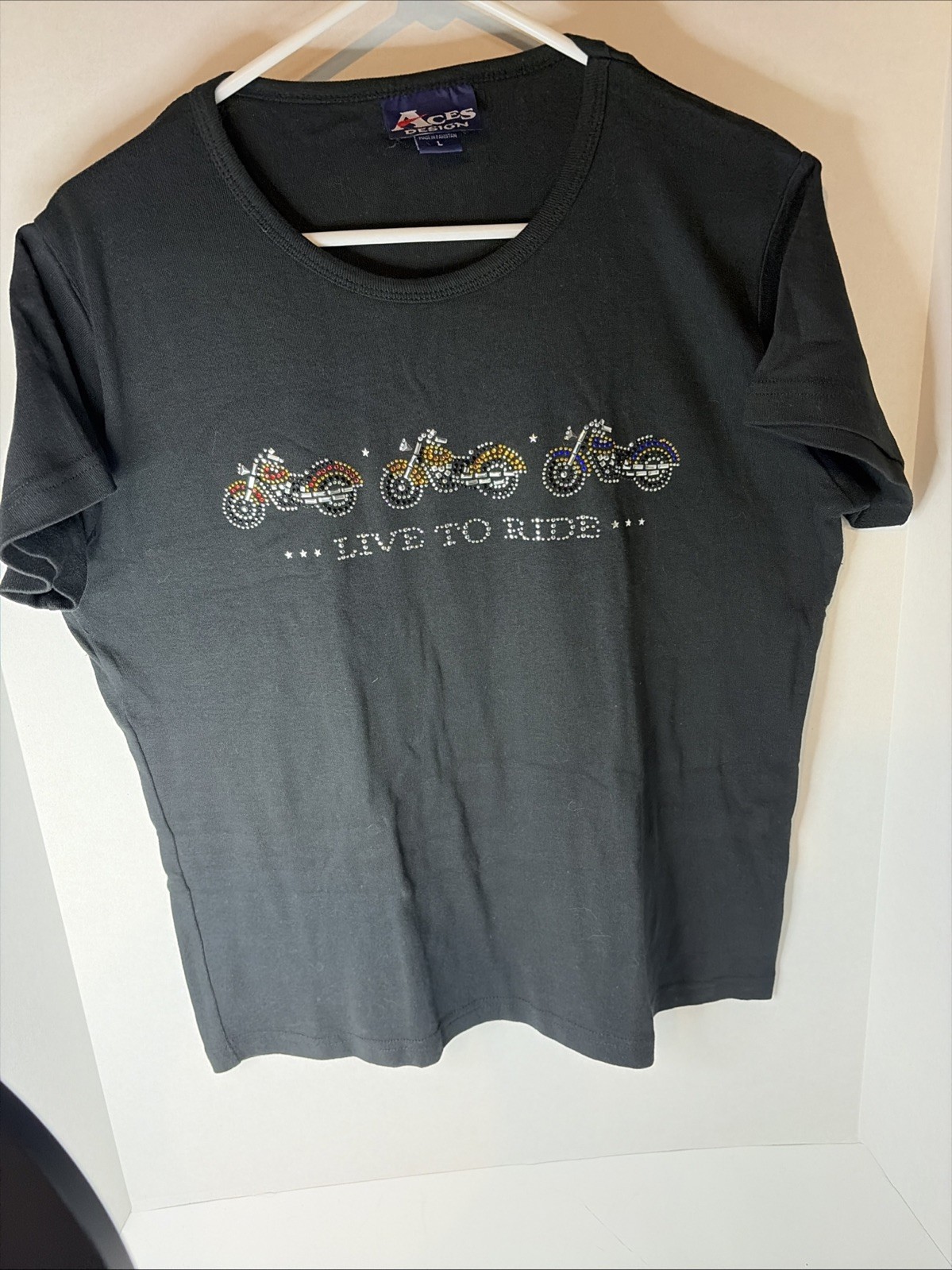 Womens “Live To Ride” Biker Motorcycle Rhinestone Crystals Black Shirt Sz L EUC