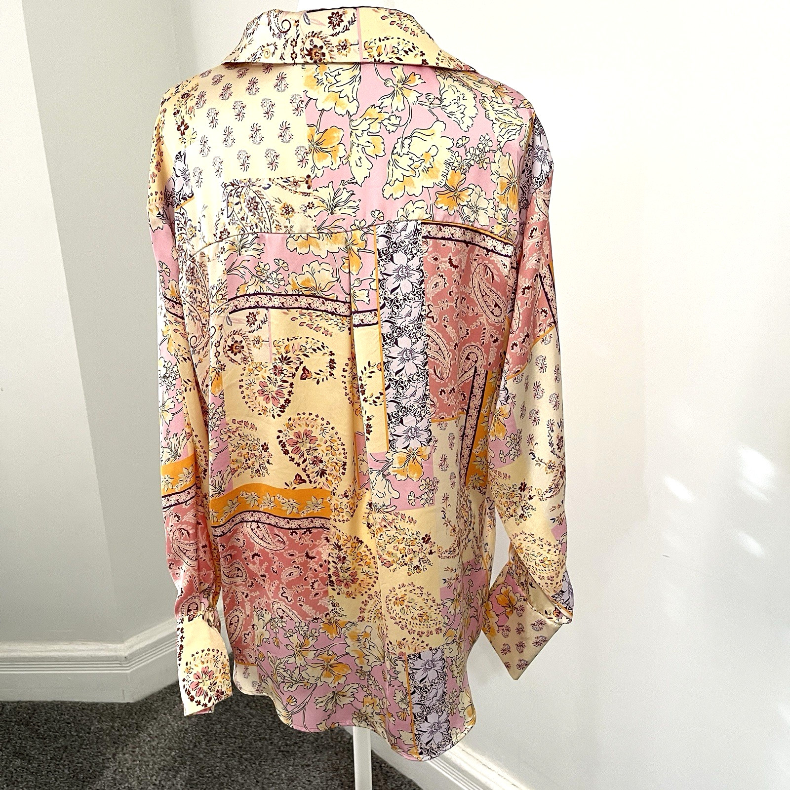 Zara Satin Paisley Patchwork Top Womens Medium Collared Oversized Button Front