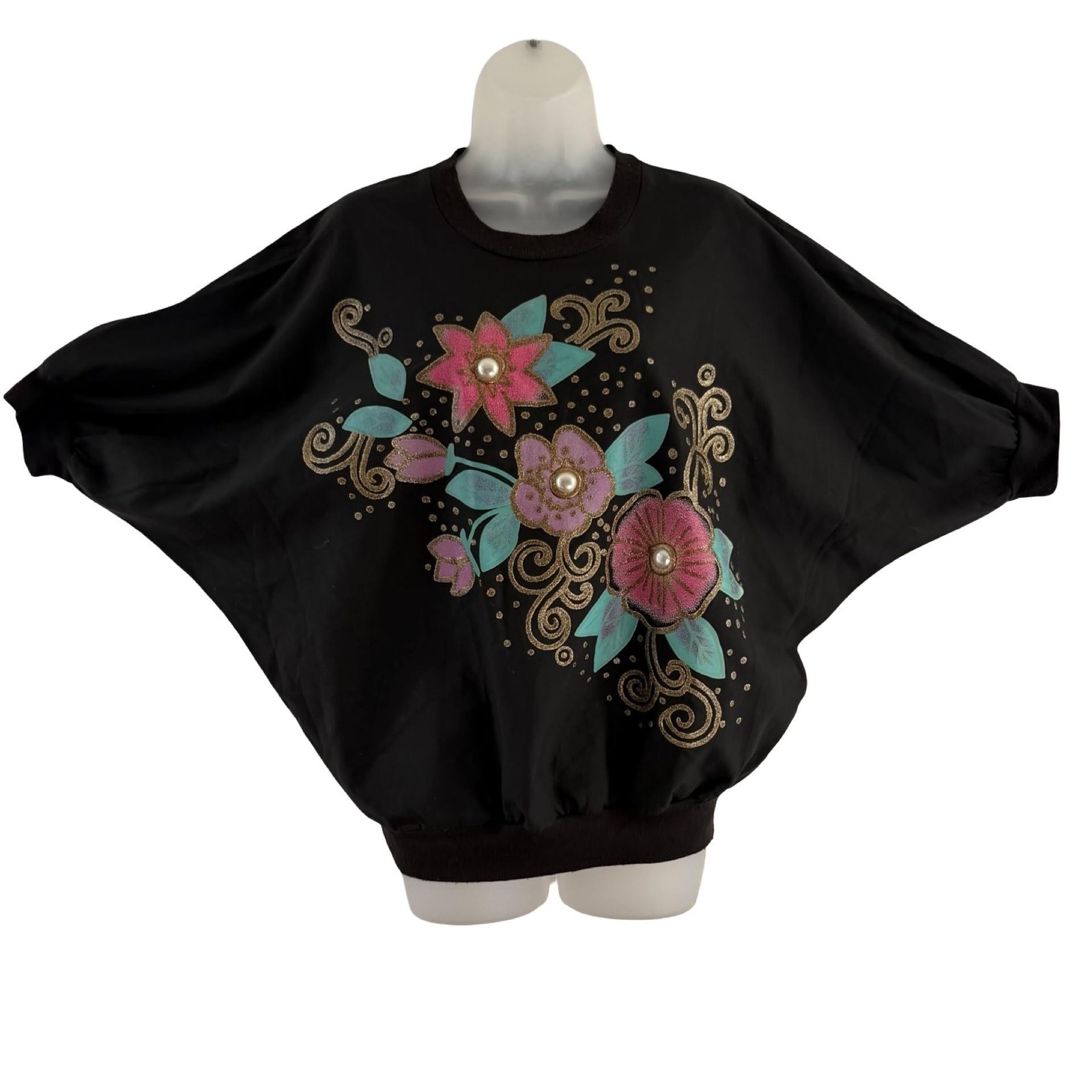 Vintage Sassy Phillips Sweatshirt Womens Medium Black Dolman Floral Pearl 80s