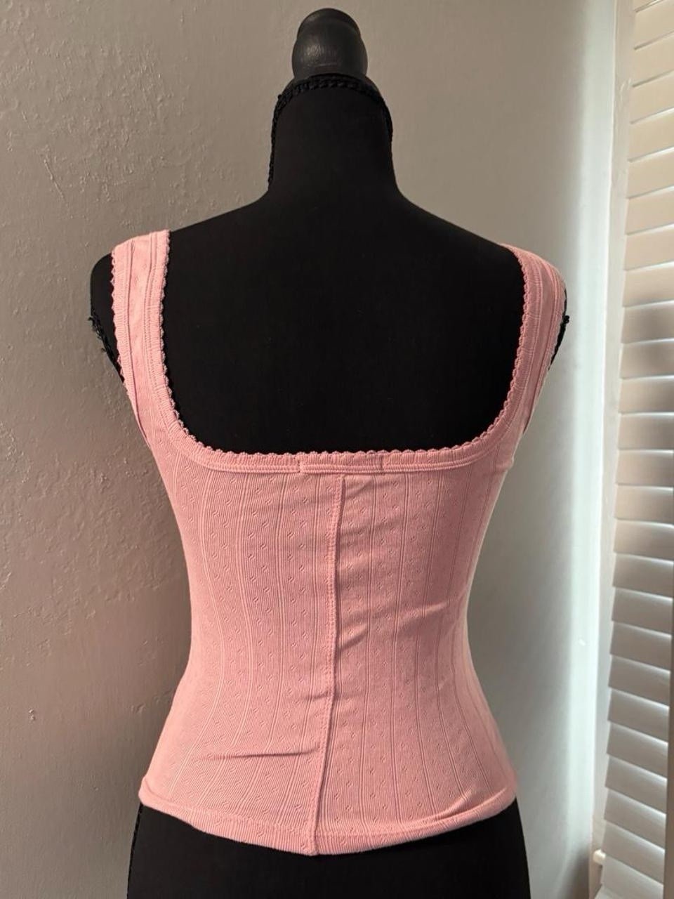 Women’s Pink Cotton Knit Ribbed Square Neck Button Tank Top Slim Fit S
