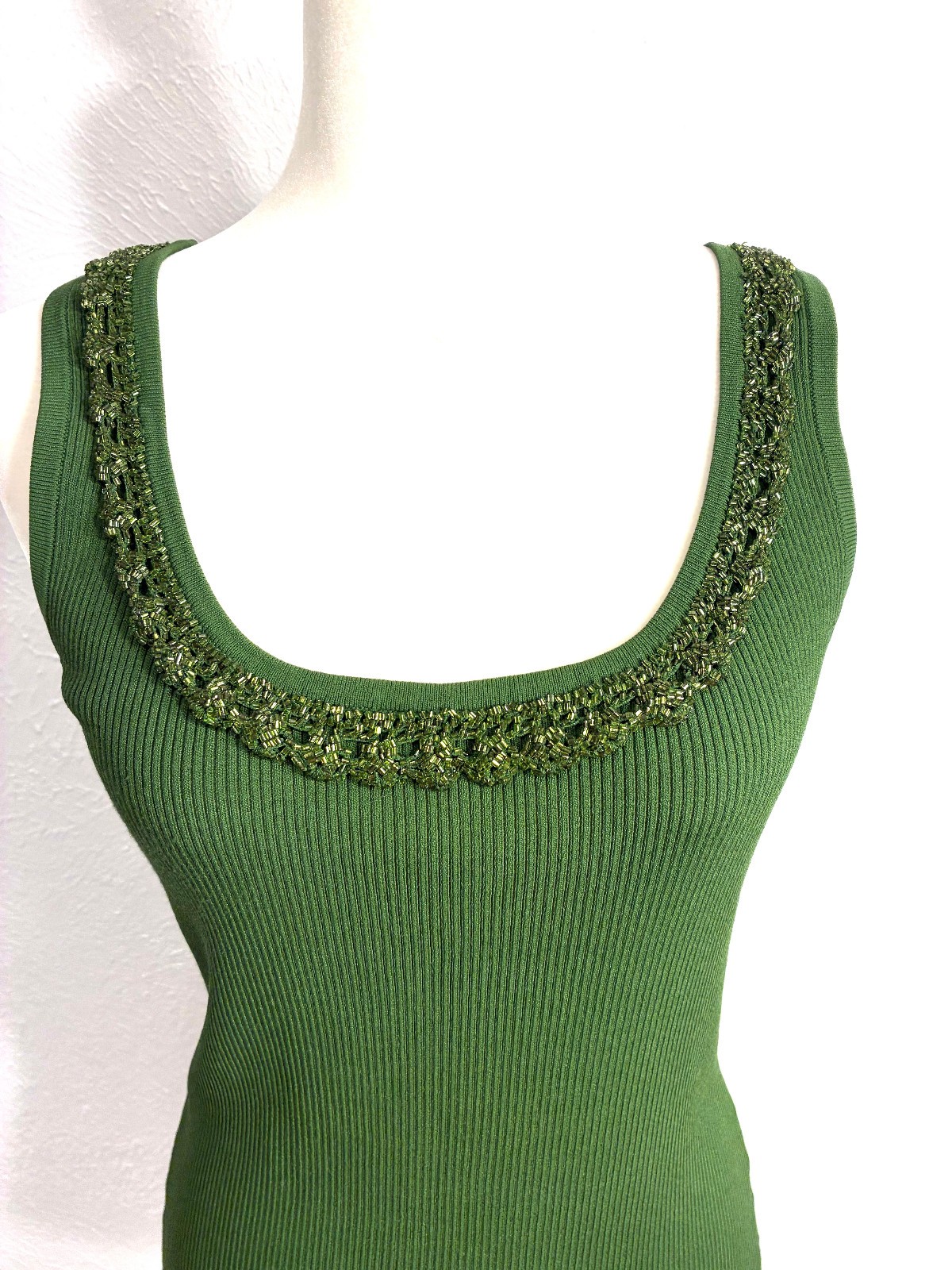 CACHE Beaded Ribbed Knit Green Tank Top, Size Large, Vintage