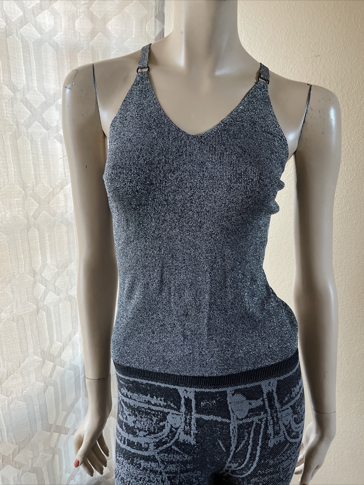 Women’s Grey Metallic Rayon Glitter Party Summer Opened Straps Size M Top Blouse