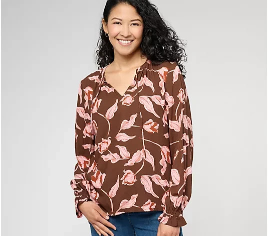 AnyBody Printed Long-Sleeve Split-Neck Pullover Blouse Size S