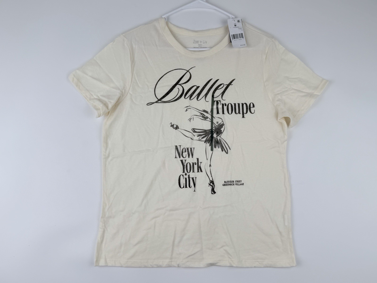Zoe + Liv Women’s NYC Ballet Short Sleeve Graphic T-Shirt Ivory Size MEDIUM