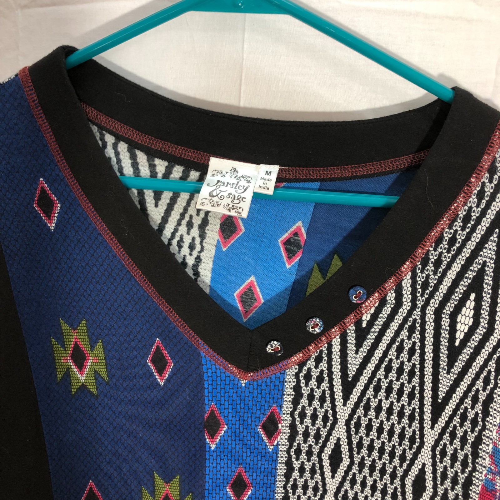 Parsley & Sage Womens Lagenlook Artsy Boho Mixed Media Patchwork Tunic Top Sz M