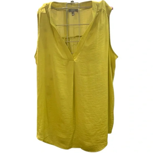 Ninety Sleeveless V Neck Tunic Chartreuse Mustard Rumpled Satin Blouse Shirt Top