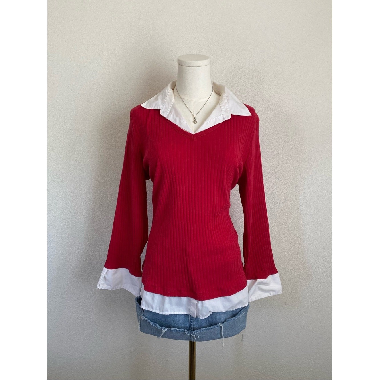 Carolyn Taylor 2 in 1 Layered Poplin Collar Sweater Top Red Size XL Office