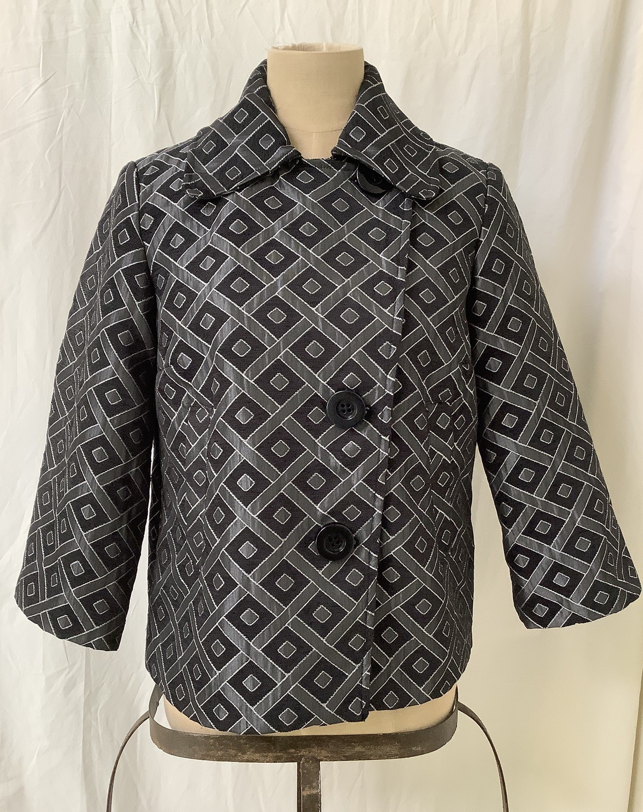 Erin London Top Jacket-Black Gray Raised Diamond Pattern-3/4 Sleeve-Pockets-S