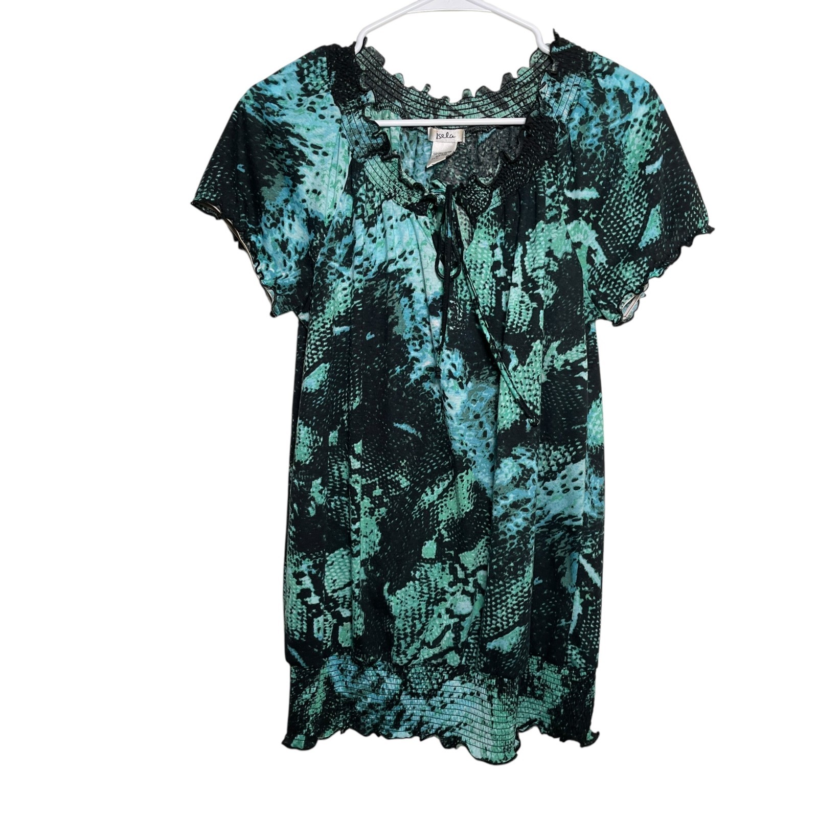 Isela Blouse Women’s Medium Colorful Smocked Short Sleeve Artsy Ruffle Printed