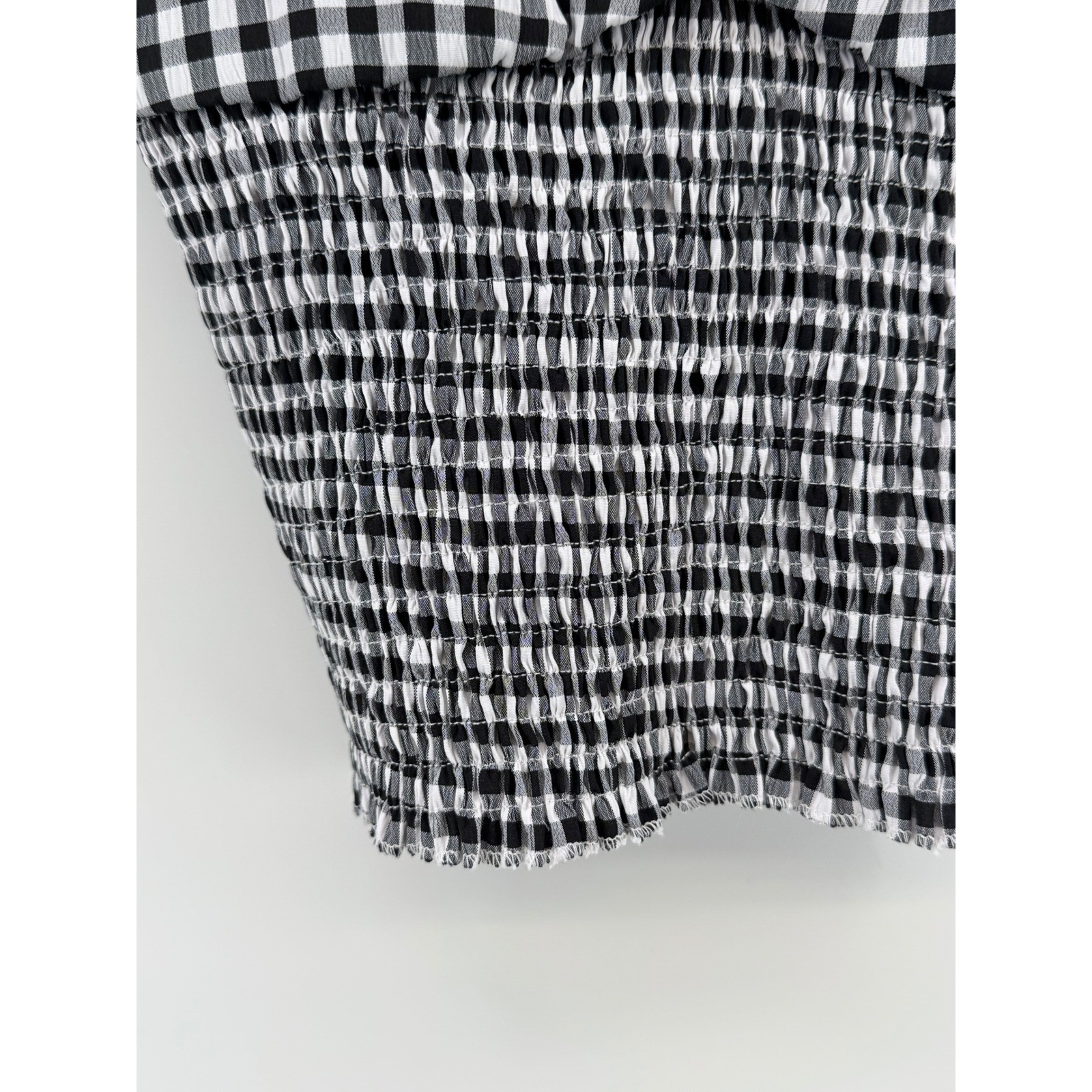 Black White Gingham Smocked Crop Top Eyelet Lace Ruffle Strap Small