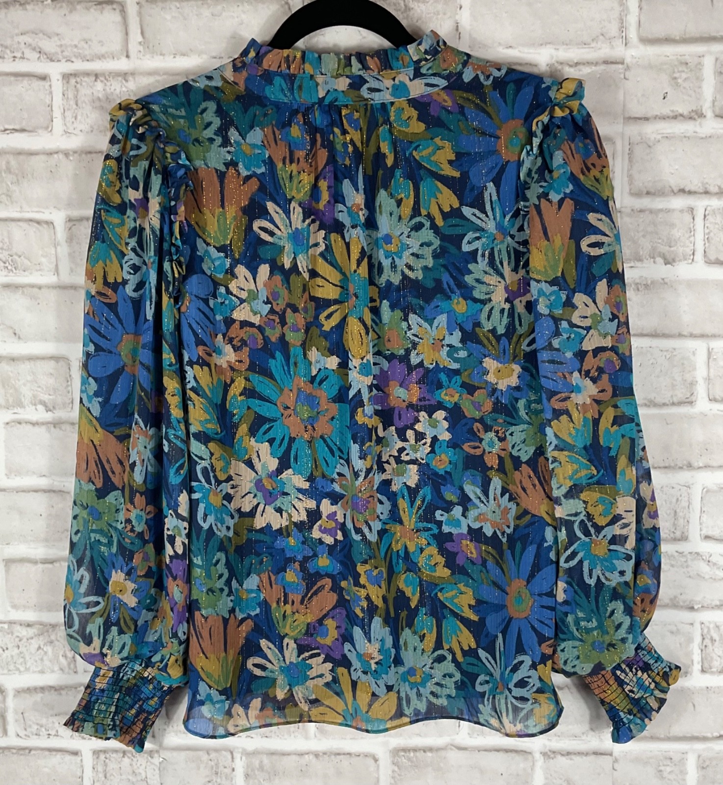 Avara Top Womens Sz XS Blue Teal Floral Lined Tie Neck Long Sleeves Boho Gypsy