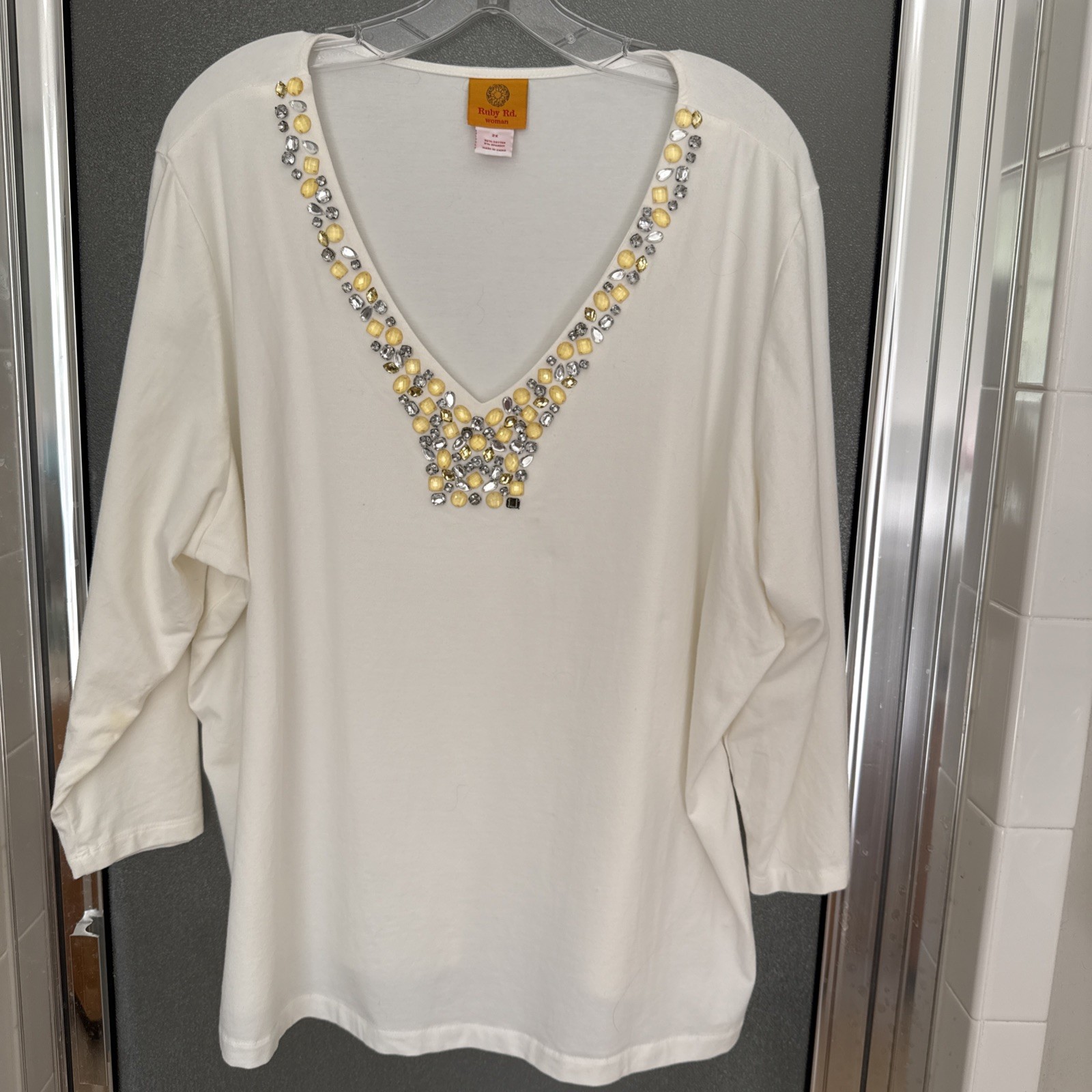 Ruby Rd 2x Cream Color Embellished V Neck 95% Cotton 5% Spandex 3/4 Sleeve Top