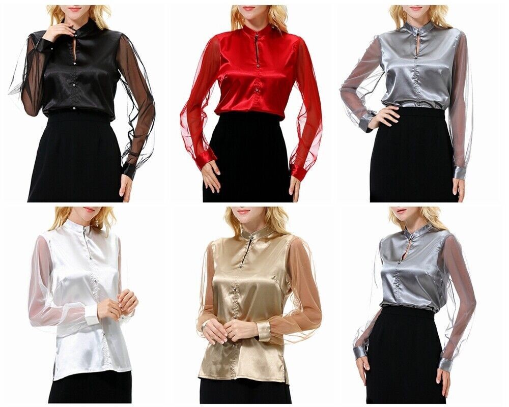 Women Long Mesh Sleeve Shirts Tops Blouse Party Satin Blouse Pure Color Top