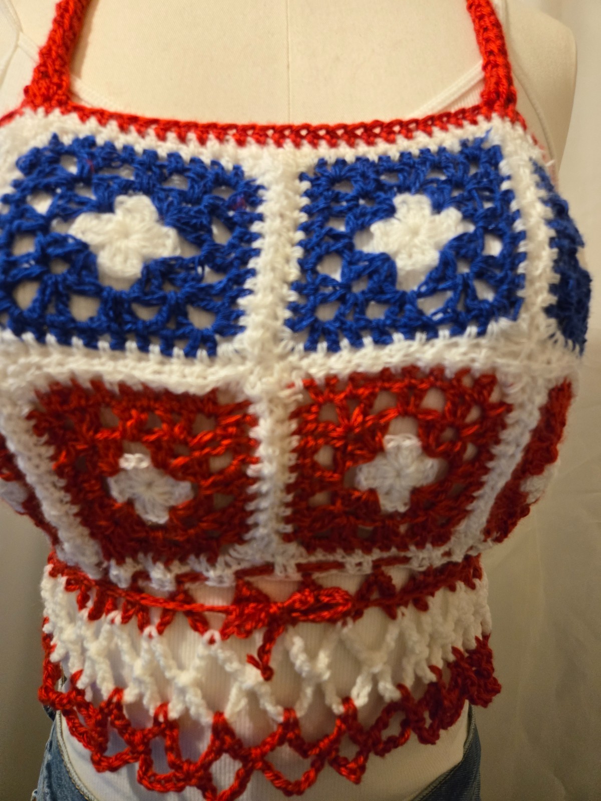 New Red White Blue Granny square Halter top Draw string tie Handmade Crocheted