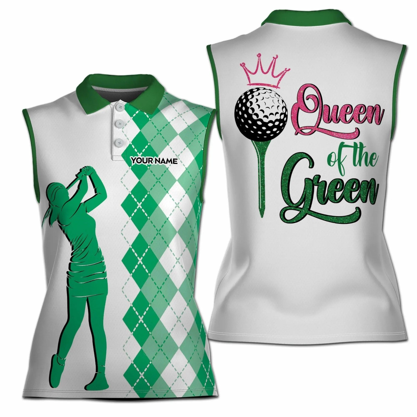 Personalized Women’s Sleeveless Golf Polo Queen of the Green Shirt