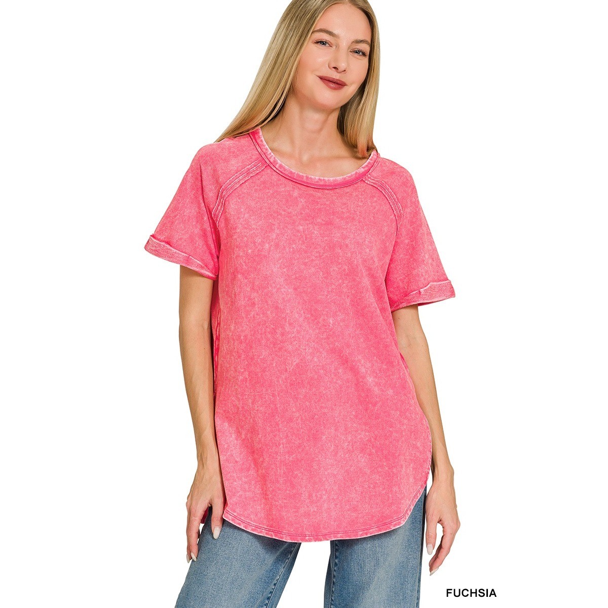 Zenana Terry Acid Wash Pullover Womens XL Fuchsia NWT Short Cuff Sleeve Top