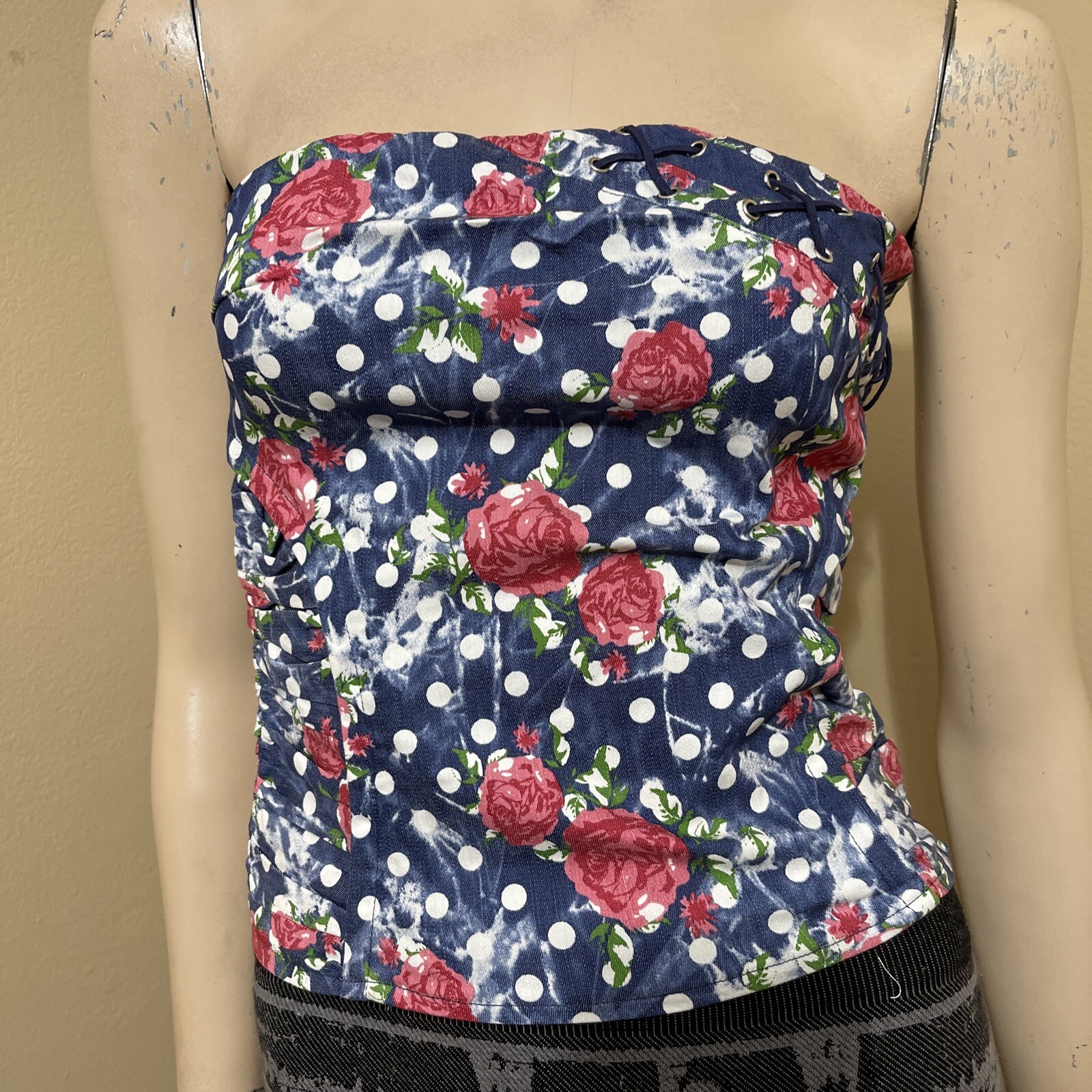 Women’s Blue Floral Polka Dot Cotton Denim Open Stretch Slim Zipper Size S Top