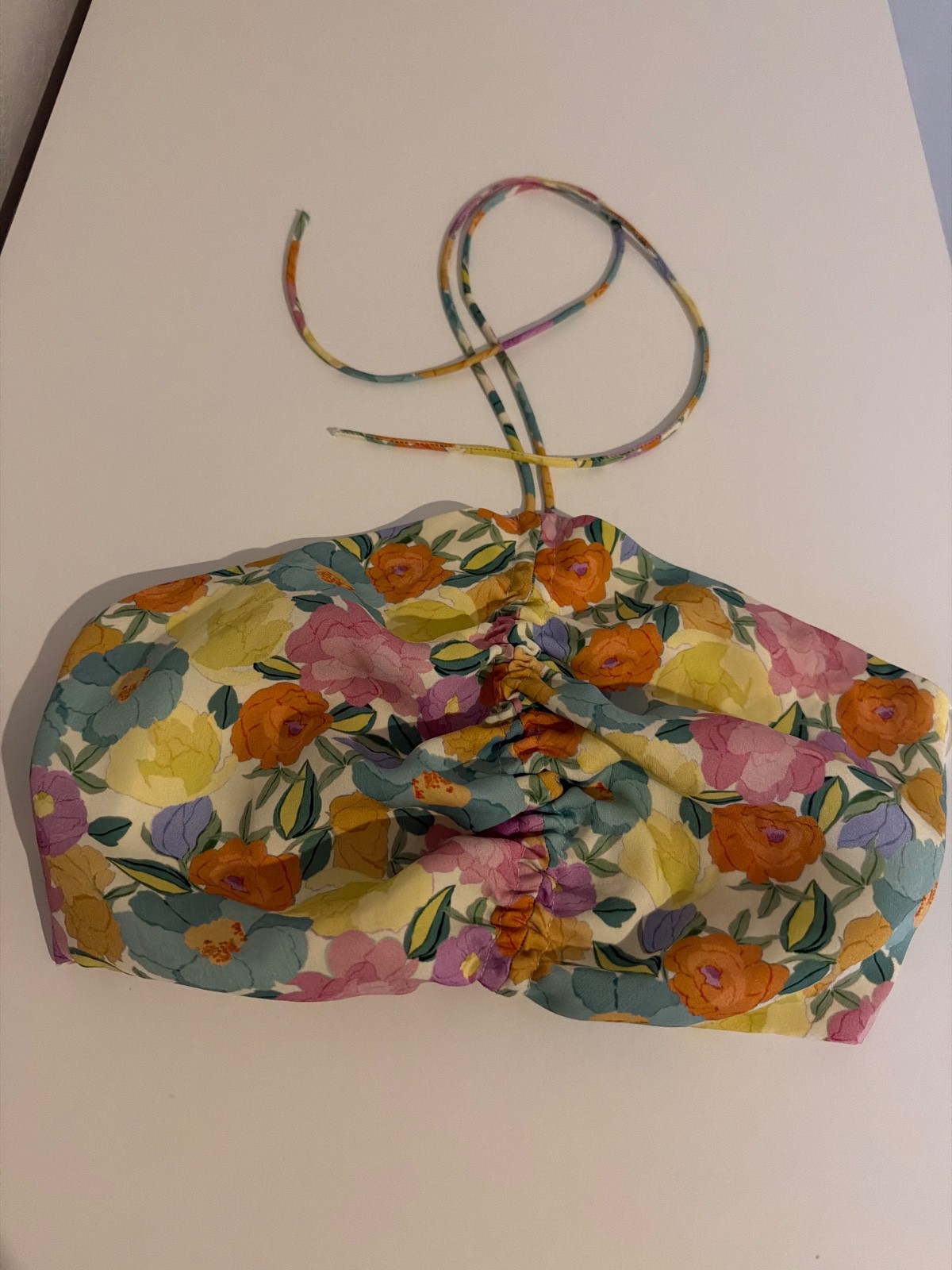 ZARA Floral Halter Medium Top Ruched Cropped Halter Blouse Open Back Multicolor
