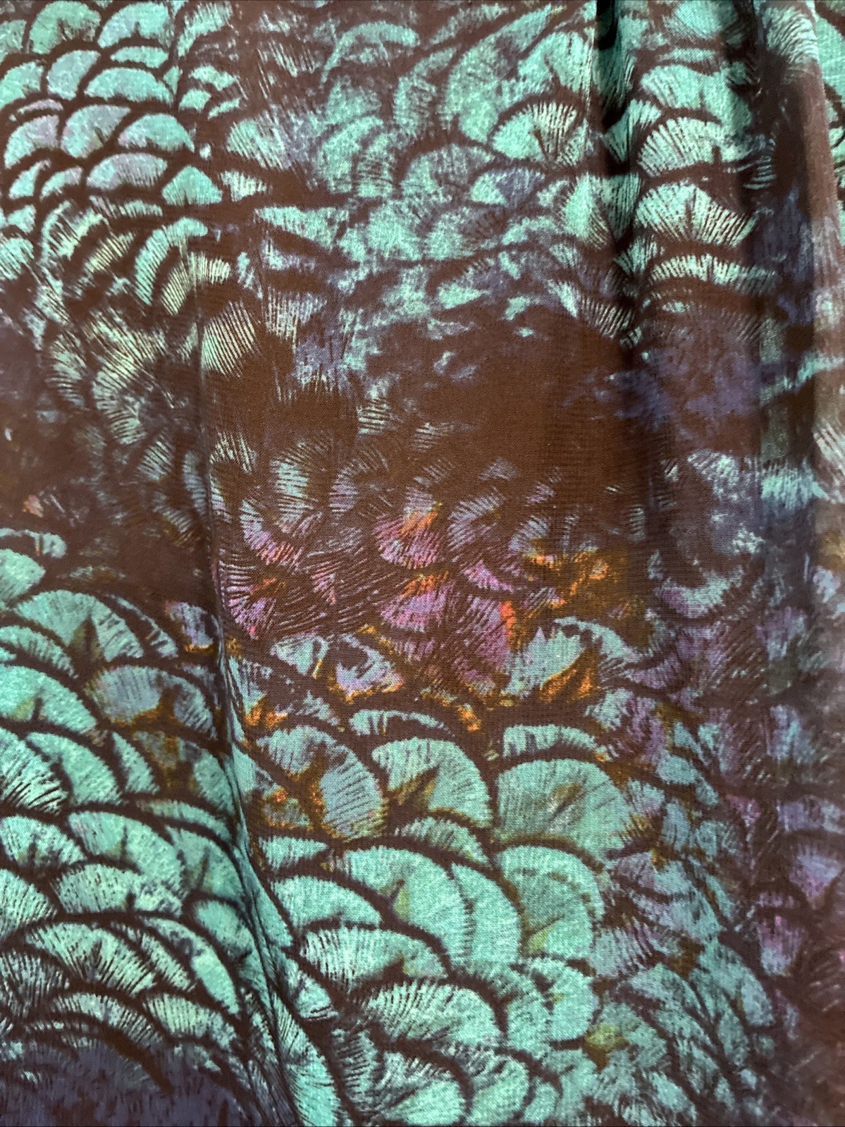 Worthington Multicolor Feather Scalloped Print Peacock Ruffled Neck Blouse Sz L