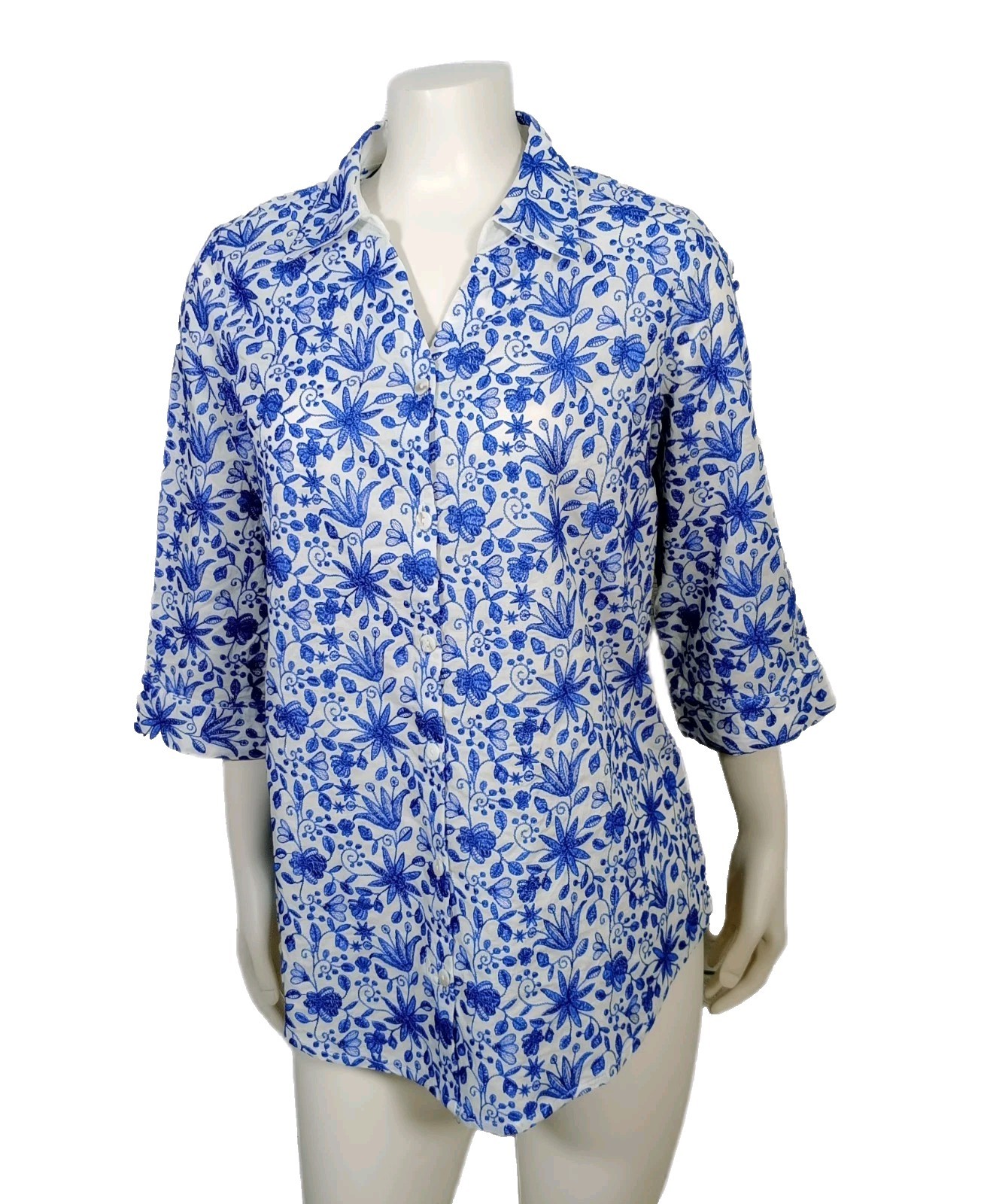 Khaadi Shirt Womens S Small Blue White Embroidered Floral Kurta Tunic Blouse New