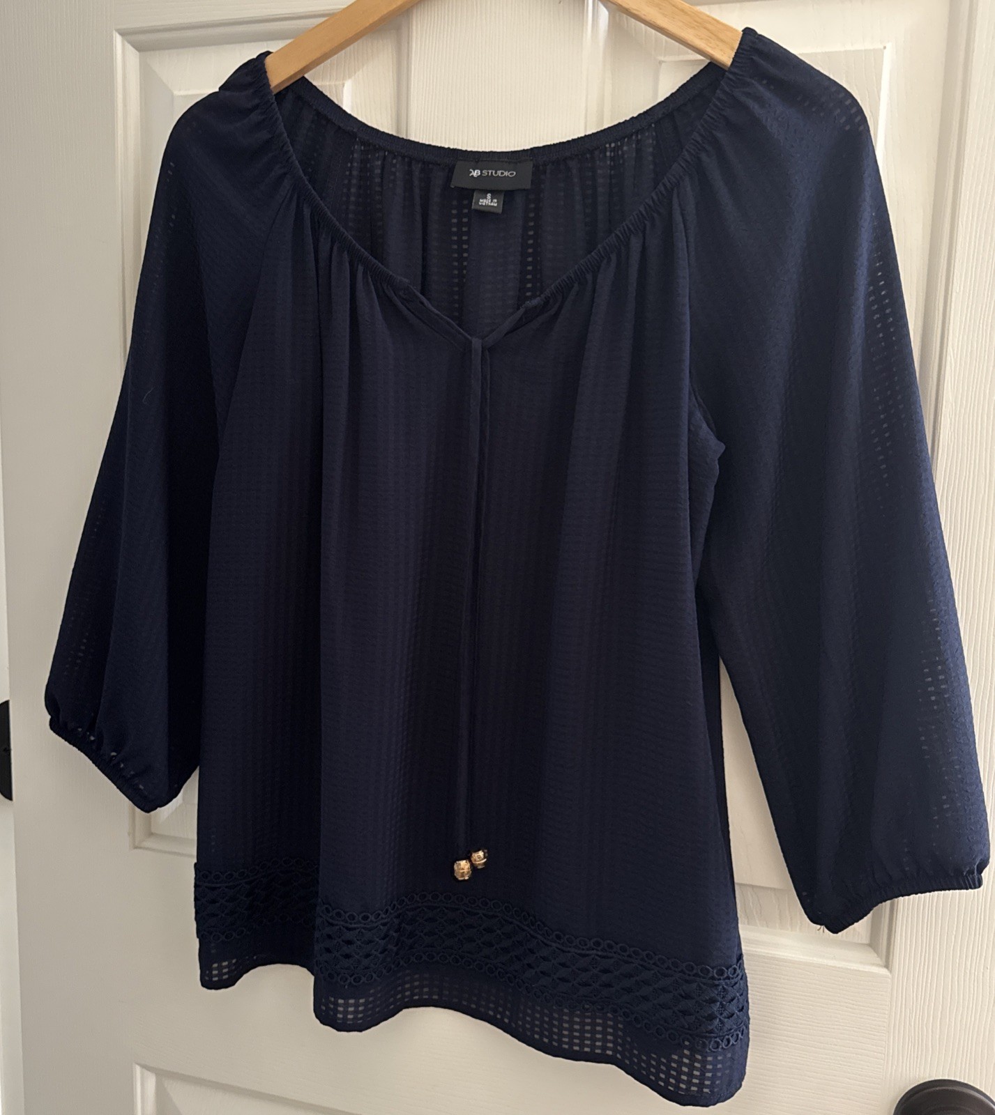 AB Studio Women’s Size Small Sheer Navy Blue Blouse 3/4 Sleeves Bead Accent